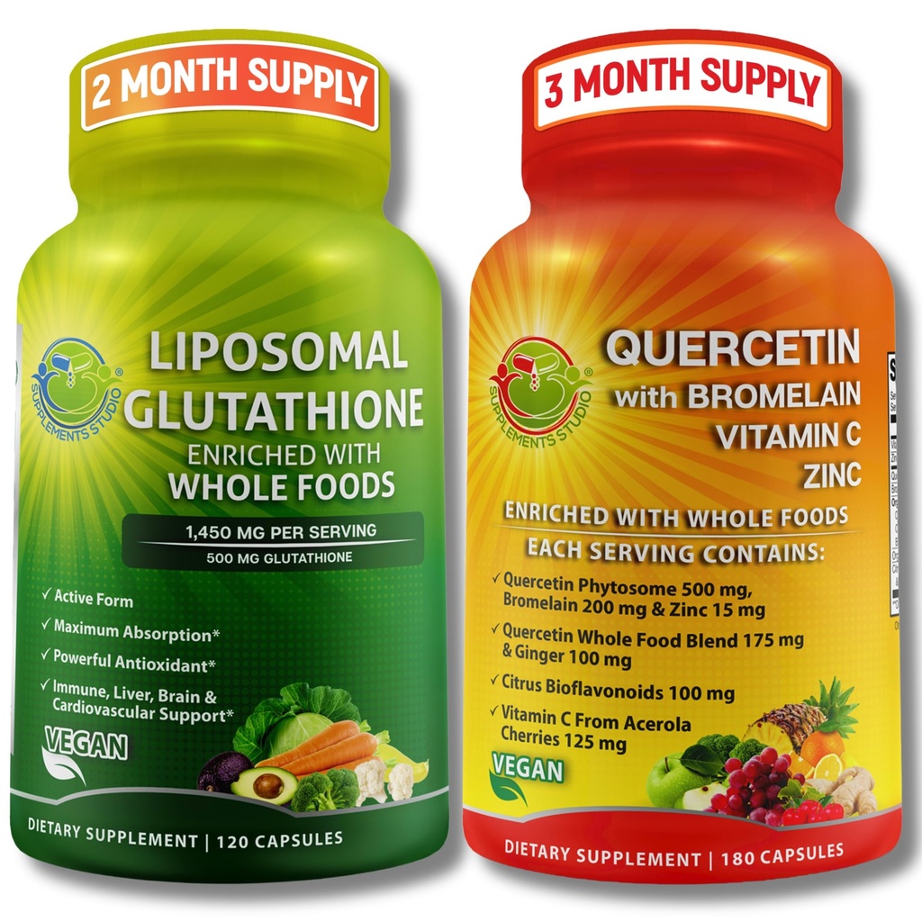 Liposomal Glutathione 500mg & Quercetin with Bromelain, Zinc, and Vitamin C – Antioxidant & Immune Support Bundle with Organic Whole Food Blends – Vegan, Non-GMO Respiratory Health Formula