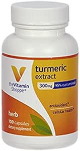 L'extrait de curcuma de Vitamine Shoppe 300mg, plante normalisée qui soutient la santé cellulaire et fournit des avantages antioxydants avec 95% Curcumine et 65mg de calcium (100 Capsules)