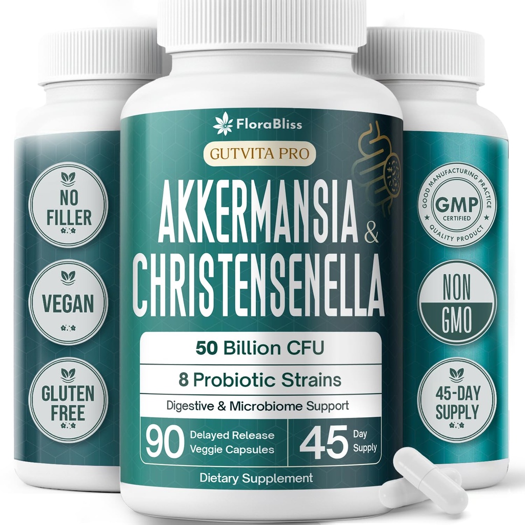 FloraBliss Christensenella Minuta and Akkermansia, Bifidobacterium longum, 8 Probiotic Strains, 50 Billion CFU, 90 Delayed-Release Capsules, with Cranberry Extract