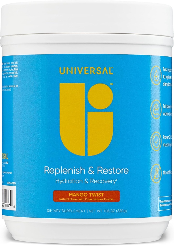 Universal U Réapprovisionne et restaure la poudre, l'hydratation et la récupération, favorise la réparation et la croissance musculaires, dosage personnalisé, L-Lysine, L-Glutamine, L-Tryptophane, Pas d'arôme artificiel, 30 portions (Mango Twist)
