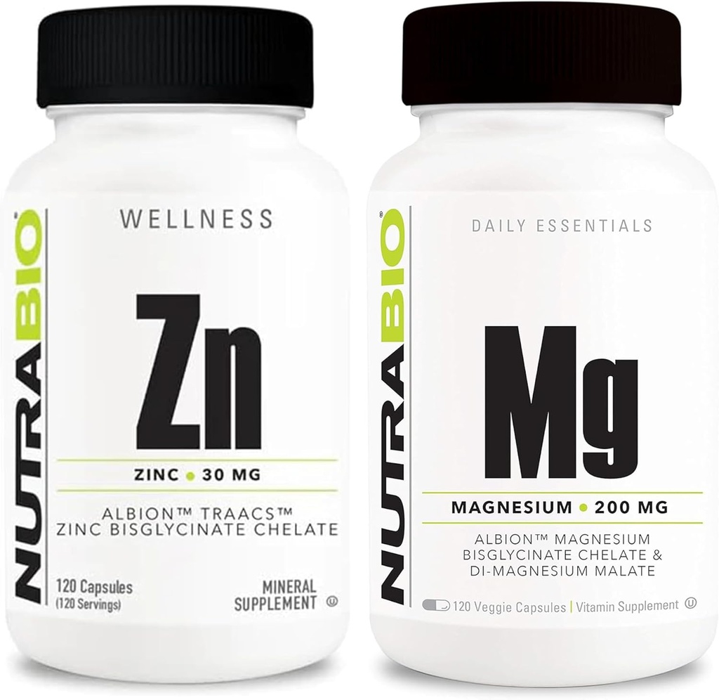 NutraBio Zinc Chelate et Reacted Magnesium Supplement Bundle – Supplément de vitamine peut aider à soutenir le système immunitaire et la santé osseuse