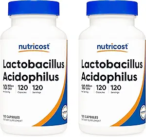 Nutricost Lactobacillus Acidophilus 10 Million CFU, 120 Capsules de Véggie - Probiotique (2 bouteilles)