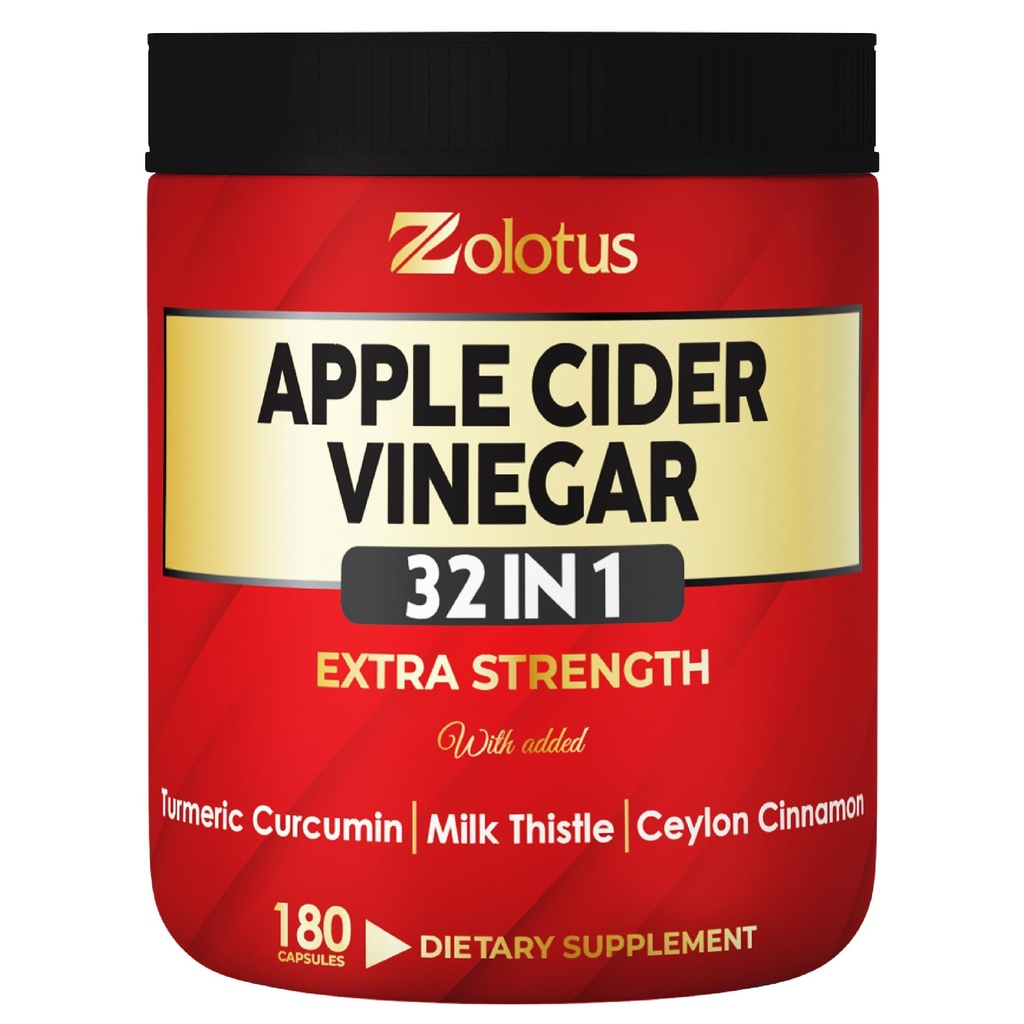 Zolotus 32in1 Capsules de vinaigre de cidre de pomme avec curcuma, cannelle, chardon de lait, Elderberry, Quercetin et plus pour soutenir la digestion, Immune - 180 Capsules