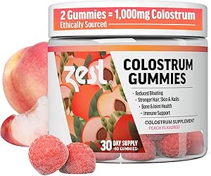Zest Colostrum Supplément Gummy Chews pour les adultes - Éthiquement source haute IgG pour la santé des cheveux, Gut, Immunity, Bloating, Skin & Nails - Keto & Gluten Free - Peach Flavor (60 Gummies, 1000mg Colostrum)