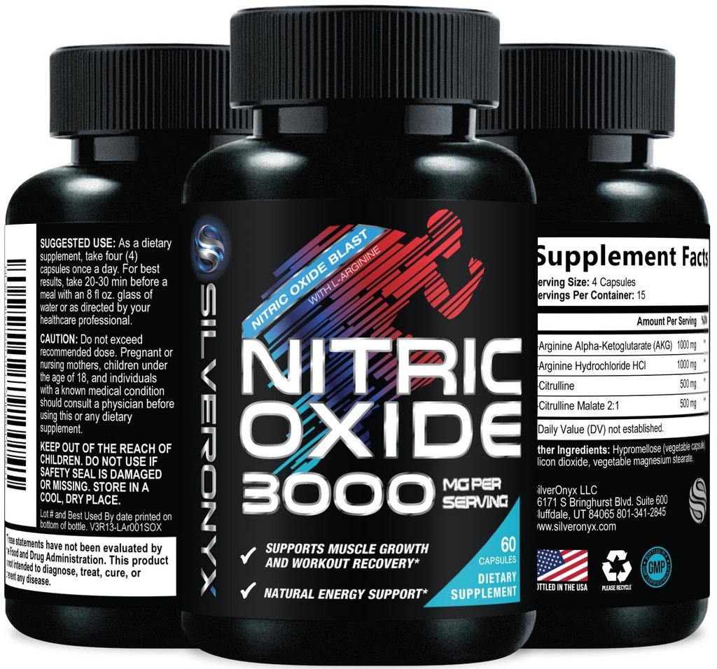 Extra Strength Nitric Oxide Booster - 3X Strength L-Arginine AKG & Citrulline Malate - Men & Women Premium Pre Workout Nitric Booster - Natural Energy & Muscle Support, Bottled in USA - 60 Capsules