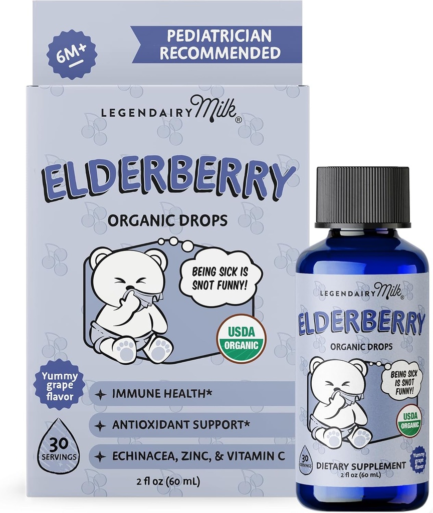 Legendairy Lait Drops Organic Elderberry - Multivitamine bébé avec Echinacea, vitamine C et zinc pour le soutien immunitaire - Idéal pour les bébés et les tout-petits, non-OGM - 30 portions