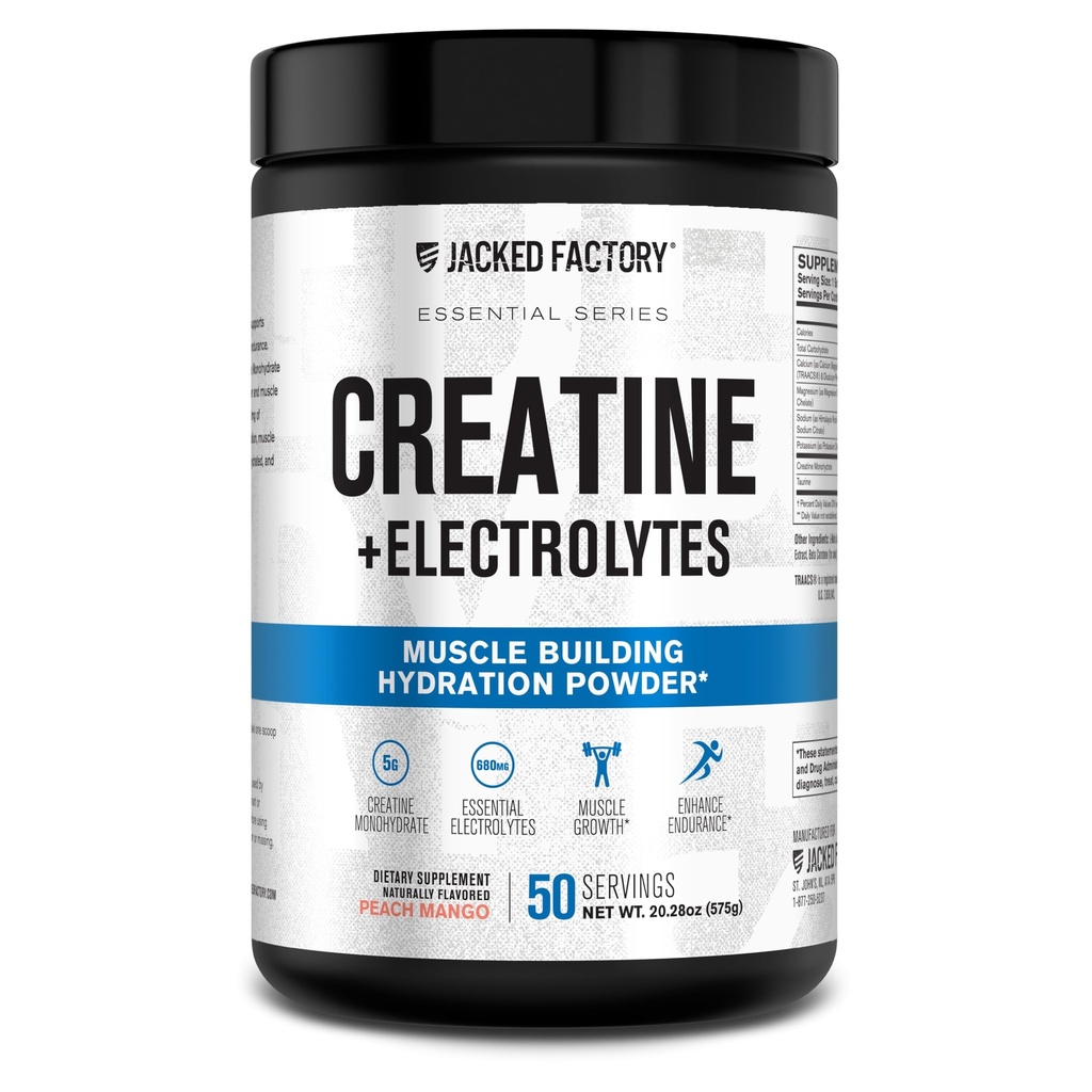 Jacked Factory Creatine + Electrolytes - Creatine Monohydrate with Taurine, Calcium, Sodium, & Potassium to Increase Muscle Growth, Strength, Hydration, & Endurance - 50 Servings, Peach Mango