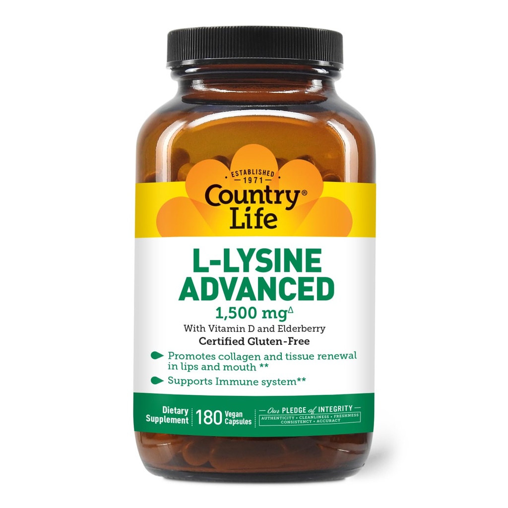 Country Life L-Lysine 1500mg Capsules avec Vitamine D & Elderberry – Soutien immunitaire avancé et renouvellement du collagène – Certifié sans gluten et végétalien – 180 Capsules