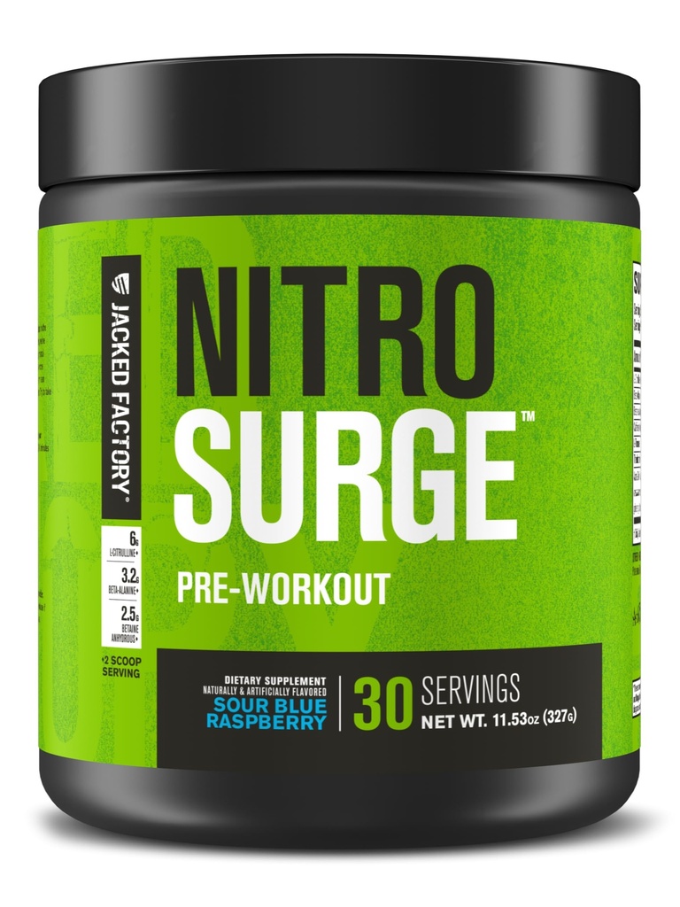 Jacked Factory NITROSURGE Pre Workout Supplement - Endless Energy, Instant Strength Gains, Intense Pumps - NO Booster & Powerful Preworkout Energy Powder - 30 Servings, Sour Blue Raspberry