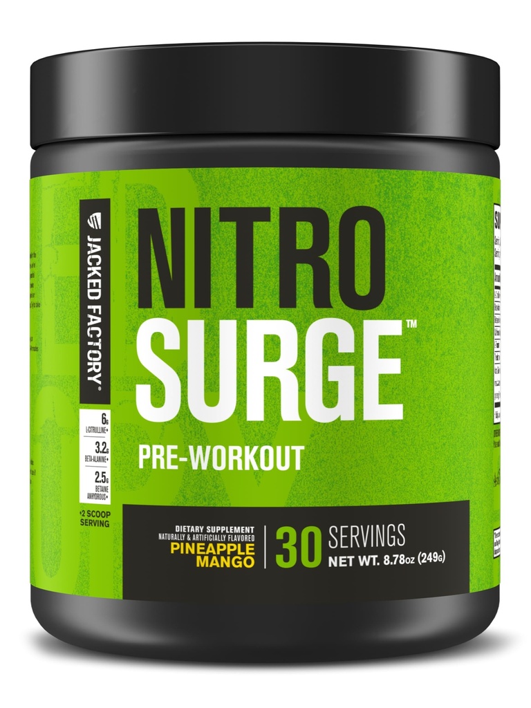 Jacked Factory NITROSURGE Pre Workout Supplement - Energy Booster, Instant Strength Gains, Clear Focus & Intense Pumps - NO Booster & Powerful Preworkout Energy Powder - 30 Servings, Pineapple Mango