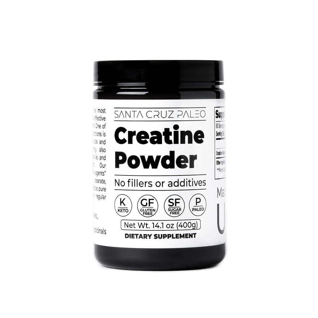 Santa Cruz Paleo, poudre monohydratée de créatine micronisée, supplément pré-entraînement et soutien musculaire non aromatisé, kéto sans gluten, mélange avec de l'eau ou des secousses, pas de remplissage ou d'additifs, 80 portions, 400g