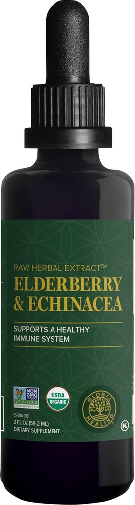 Global Healing USDA Organic Elderberry & Echinacea Liquid Supplement Teinture.
