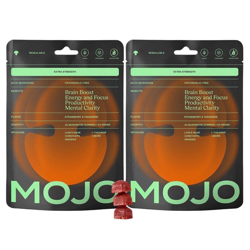 Mojo Focus Gummies Extra Strength with Lion's Mane Mushroom, Cordyceps & Panax Ginseng. Mushroom Brain Supplement for Adults with Memory, Energy & Mental Clarity Support.Strawberry Tangerine (2 Pack)