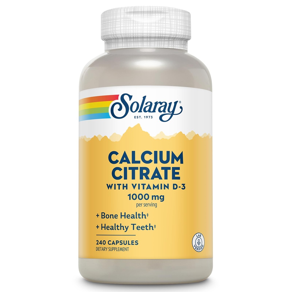 Citrate de calcium de Solaray avec vitamine D3 1000mg - Résistance aux os et soutien des dents en bonne santé - Formule de digestion douce - Garantie de 60 jours vérifiée en laboratoire - 60 portions, 240 capsules