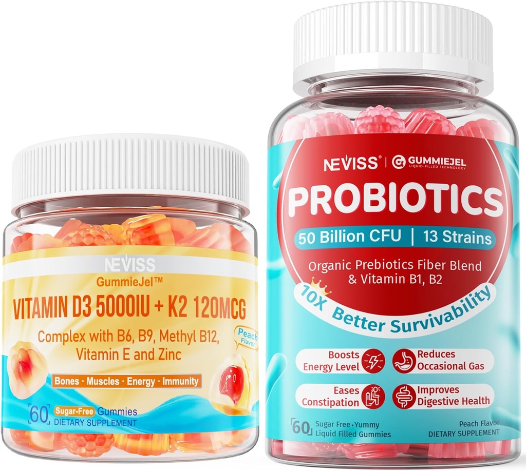 NEVISS Vitamine D3 K2 Gommies + Probiotiques sans sucre Gommies