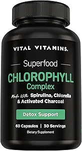 Vitamines vitales Pilules de chlorophylle - Supplément désodorisant pour le corps - Fabriqué avec de la spiruline, de la chlorella, du persil organique, de la menthe et du charbon actif - Odor dénaturée naturellement - pour les femmes et les hommes - 60 capsules