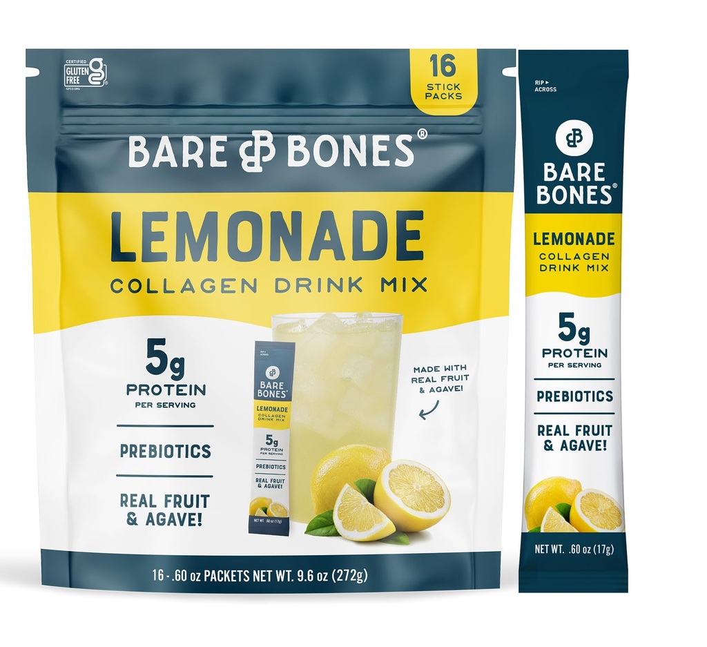 Bare Bones Lemonade Collagen Peptides Powder Drink Mix Packets | 5g Protein | Naturally Sweetened Refreshment | Light & Flavorful | Gluten-Free On-the-Go Stick Single-Serve | 16 Packets (.60 oz)