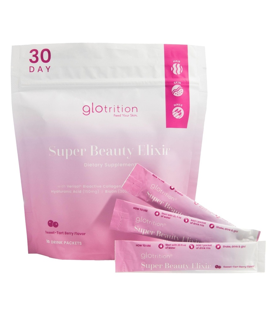 Glotrition Super Beauty Elixir - Collagen Peptides Powder for Skin, Hair & Nail Health. Natural Grass Fed Collagen with Biotin, Hyaluronic Acid & Antioxidants (30ct)