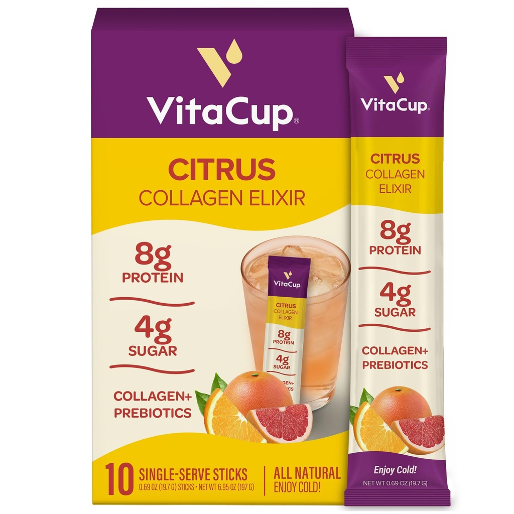VitaCup Collagen Drink Mix, Citrus, Grass-Fed Collagen for Skin, Hair, Nails, Joints, Hydration, Gut Support, Prebiotic Fiber & Electrolytes, No Artificial Sweeteners, Naturally Flavored, 10 Ct