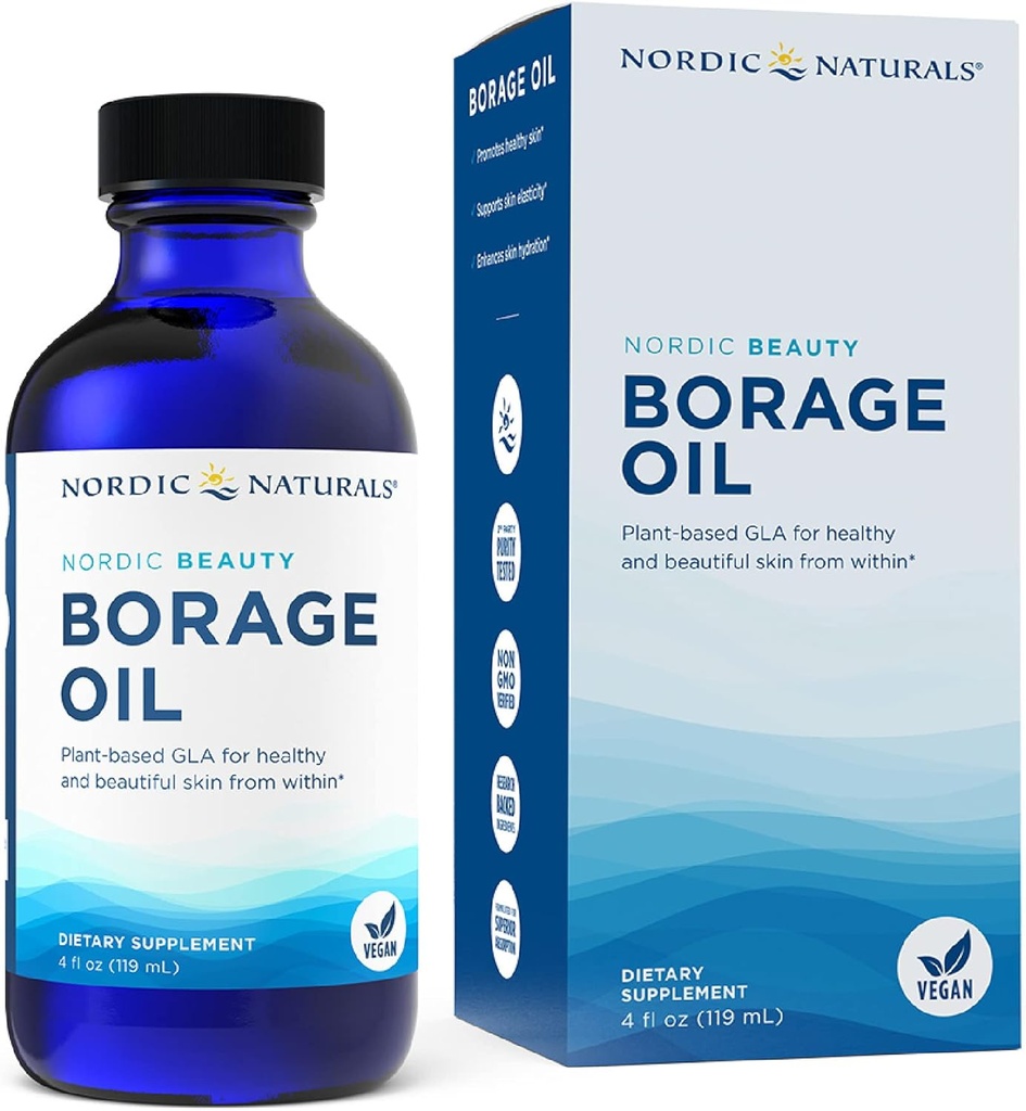 Nordic Naturals Nordic Beauty Borage Oil, Non aromatisé - 4 Ounces - Borage Seed Oil, Omega-6 unique pour une peau saine et hydratée, 480 Milligrammes de GLA - Non-OGM - Vegan, 48 portions