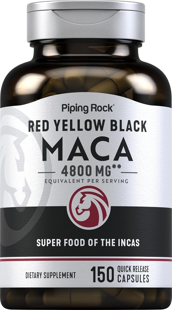 Piping Rock Capsules de racine de Maca , 4800mg , 150 pilules de poudre , pour les femmes et les hommes , Rouge, jaune et noir , Supplément sans gluten