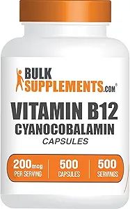 BulkSupplements.com Capsules de vitamine B12 - comme cyanocobalamine, supplément de vitamine B, vitamine B12 200 mcg - Vitamines énergétiques, sans gluten, 1 Capsule par portion, 500 Capsules (paquet de 1)