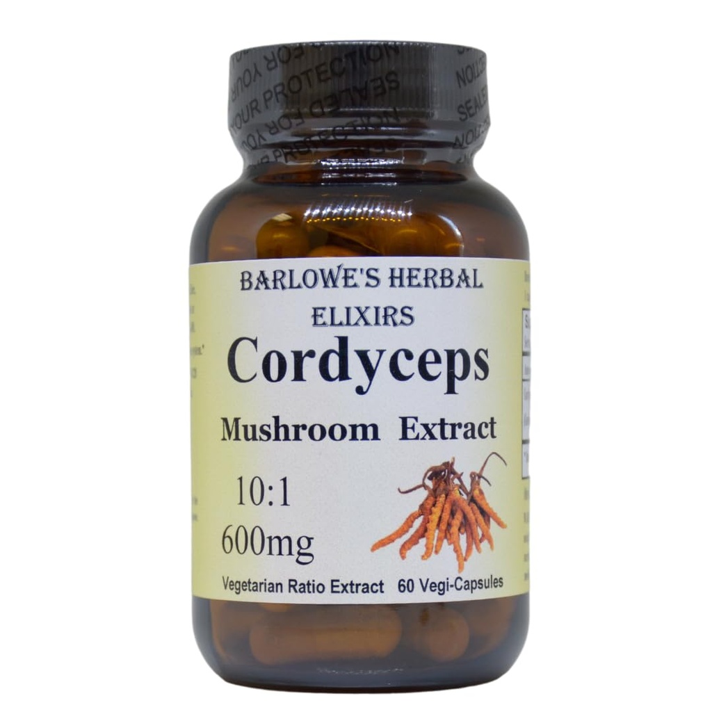Cordyceps Mushroom | 10:1 Extract | Fruiting Body | 600mg Per Capsule | Endurance Support | 60 Veggie Capsules | Stearate Free - Glass Bottled