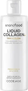 Codeage Complément de collagène liquide Vanilla Flavor, Beauty Trim & Glow Liposomal Collagen Peptides, CLA Acide linoléique conjugué, acide hyaluronique, vitamine E, hydrolysé, non-OGM, 15,22 fl oz