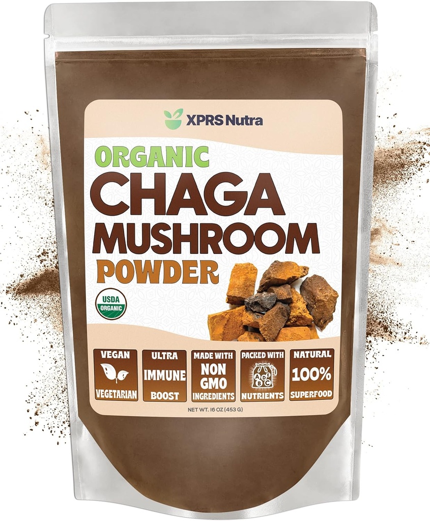 XPRS Nutra Organic Chaga Mushroom Powder - Premium USDA Organic Chaga Mushrooms Powder - Chaga Powder Supports Immune Health - Vegan Friendly Superfood for Chaga Tea and Beverages (16 oz)