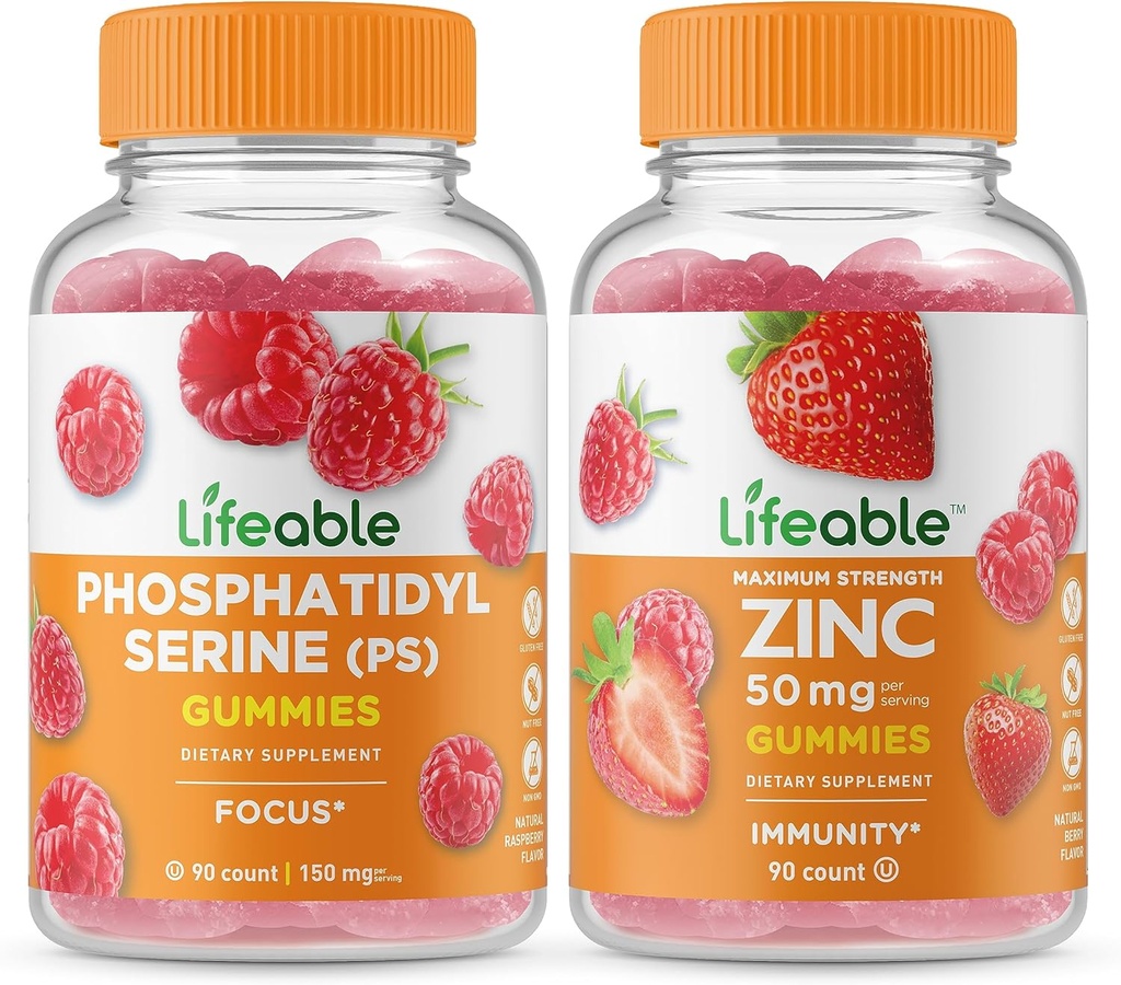 Lifeable Phosphatidylserine (PS) + Zinc 50mg, Gummies Bundle - Great Tasting, Vitamin Supplement, Gluten Free, GMO Free, Chewable Gummy
