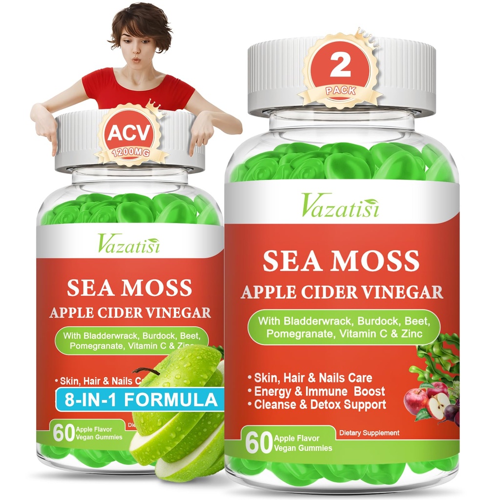 2 Pack Gummées de vinaigre de cidre de pomme, vinaigre de cidre de pomme avec des Gummées de mousse de mer pour le métabolisme, la digestion, la désintoxication, la santé des Guts et des Immunes, les pommes aromatisées -120 Nombre