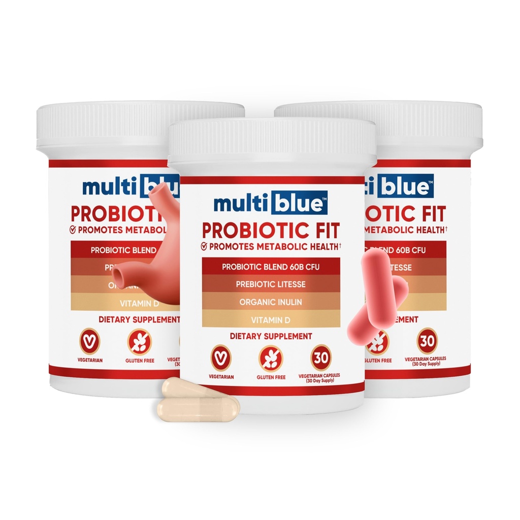 MultiBlue Probiotic Fit – Supports Natural GLP-1 & Appetite Control for Women & Men, Bifidobacterium B-420, Digestive & Gut Health, 10 Probiotic Strains, 60 Billion CFU, Prebiotic + Vitamin D3, 90ct