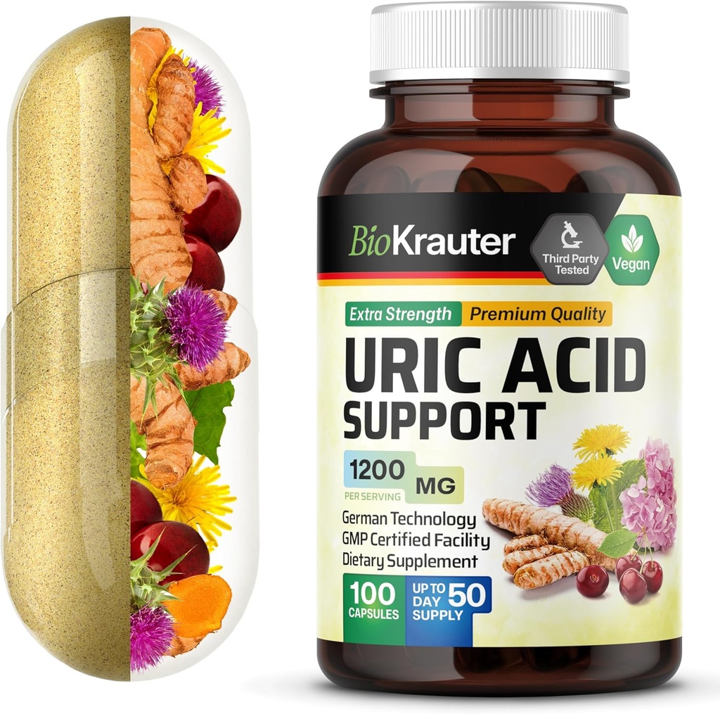 BIO KRAUTER Uric Acid Support Capsules 1200 mg Mélange - 100 Compte - Supplément de rein avec cerise àart 10:1 Extrait - Thistle de lait et extrait de curcuma - Vegan