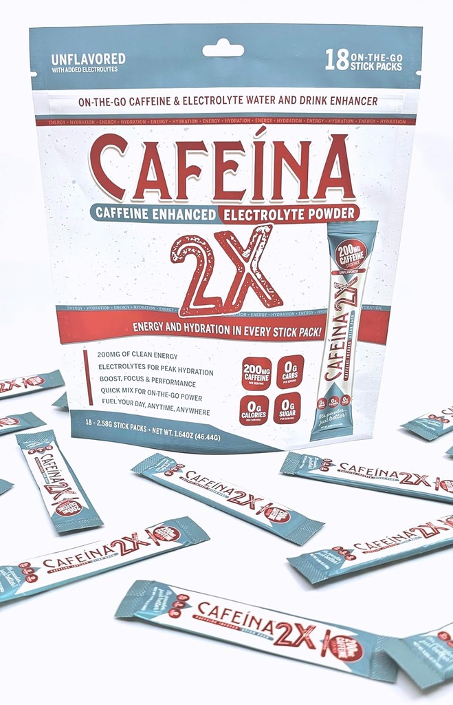 CAFEINA 2X - 200 mg Boîtes de poudre de caféine et d'électrolyte infusées (18 Nombre)