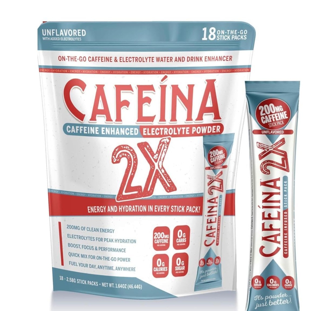 CAFEINA 2X - 200 mg Boîtes de poudre de caféine et d'électrolyte infusées (18 Nombre)
