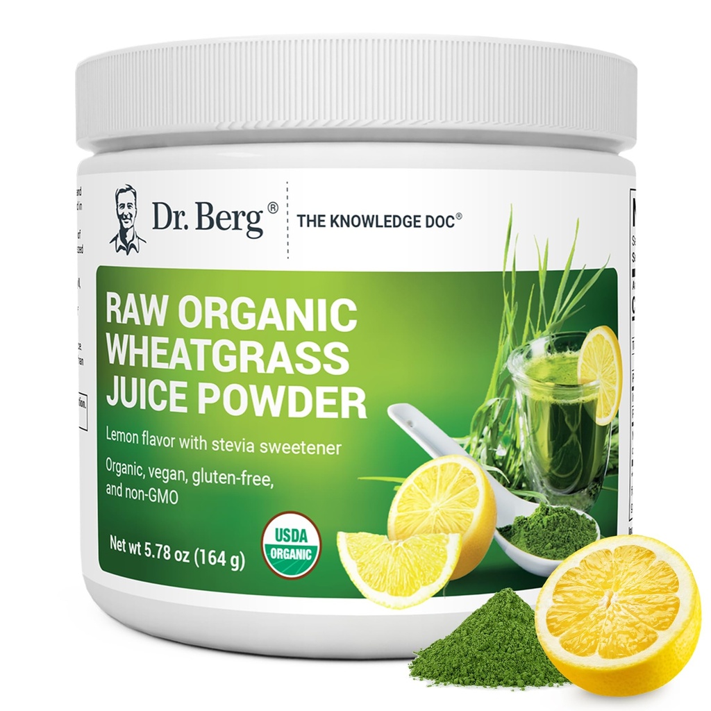 Dr Berg USDA Certified Green Powder Superfood (60 portions) - Fabriqué avec du blé cru, de la chlorophylle, des minéraux traces et des enzymes naturelles - Non-OGM Green Superfood Powder - Lemon Flavor