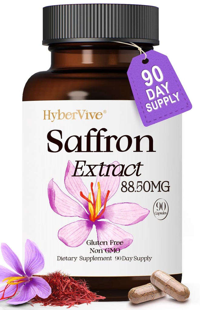 Saffron Supplements 88.5MG | 90 Vegan Capsules, Happy Saffron Extract for Mood Energy Eye Focus Support for Women & Men, 100% Pure Ingredients, Made in USA, Non-GMO & Gluten-Free