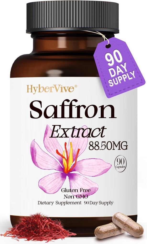 Safran Suppléments 88.5MG.90 Capsules Vegan, Extrait de Safran Happy pour Mood Energy Eye Focus Support pour les femmes et les hommes, 100% ingrédients purs, fabriqués aux États-Unis, sans OGM et sans gluten