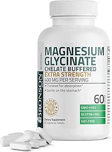 Bronson Magnesium Glycinate 400mg Extra Strength, Vegetarian, Chelated for Absorption Gentle on The Stomach, Non-GMO, 60 Tablets