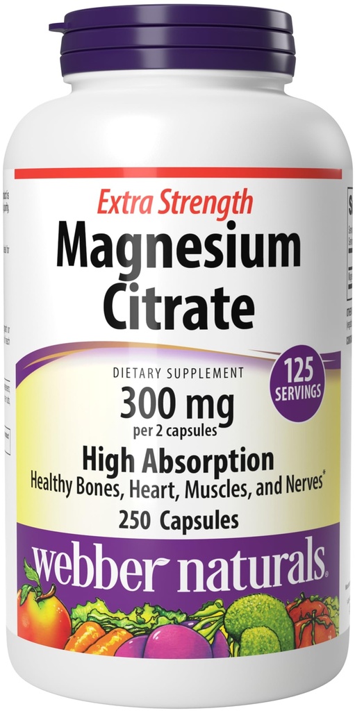 Webber Naturals Magnesium Citrate 300 mg, Extra Strength, 300 mg Per Serving, 250 Capsules, High Absorption, Helps Support Bones, Teeth and Proper Muscle & Heart Function, Magnesium Supplement