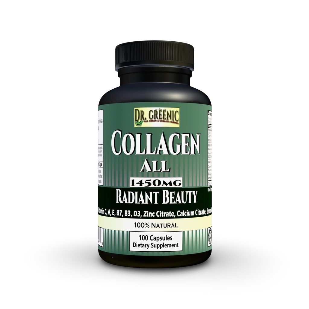 Collagen All 1450MG 100 Capsules | Multi-Collagen Types I, II, III, V, X | Enhanced with Vitamin C, A, E, D3, B3, B7, Calcium, Zinc, Bromelain & Bamboo Silica | GMP & HACCP Certified |