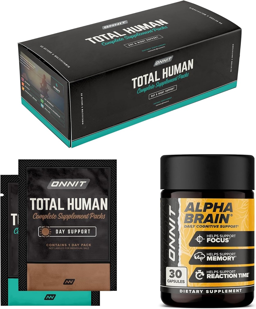 ONNIT Premium Alpha Cerveau Bundle - Supplément Cerveau Nootropique (30 comtes) pour Focus, Concentration et Mémoire + Total des paquets de vitamines de jour et de nuit pour les hommes et les femmes (30 jours)