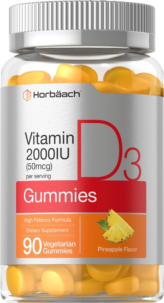 Horbäach Vitamine D3 2000iu Gummies de 90 comtes Végétarien de 50 mcg, supplément sans gluten de vitamine D