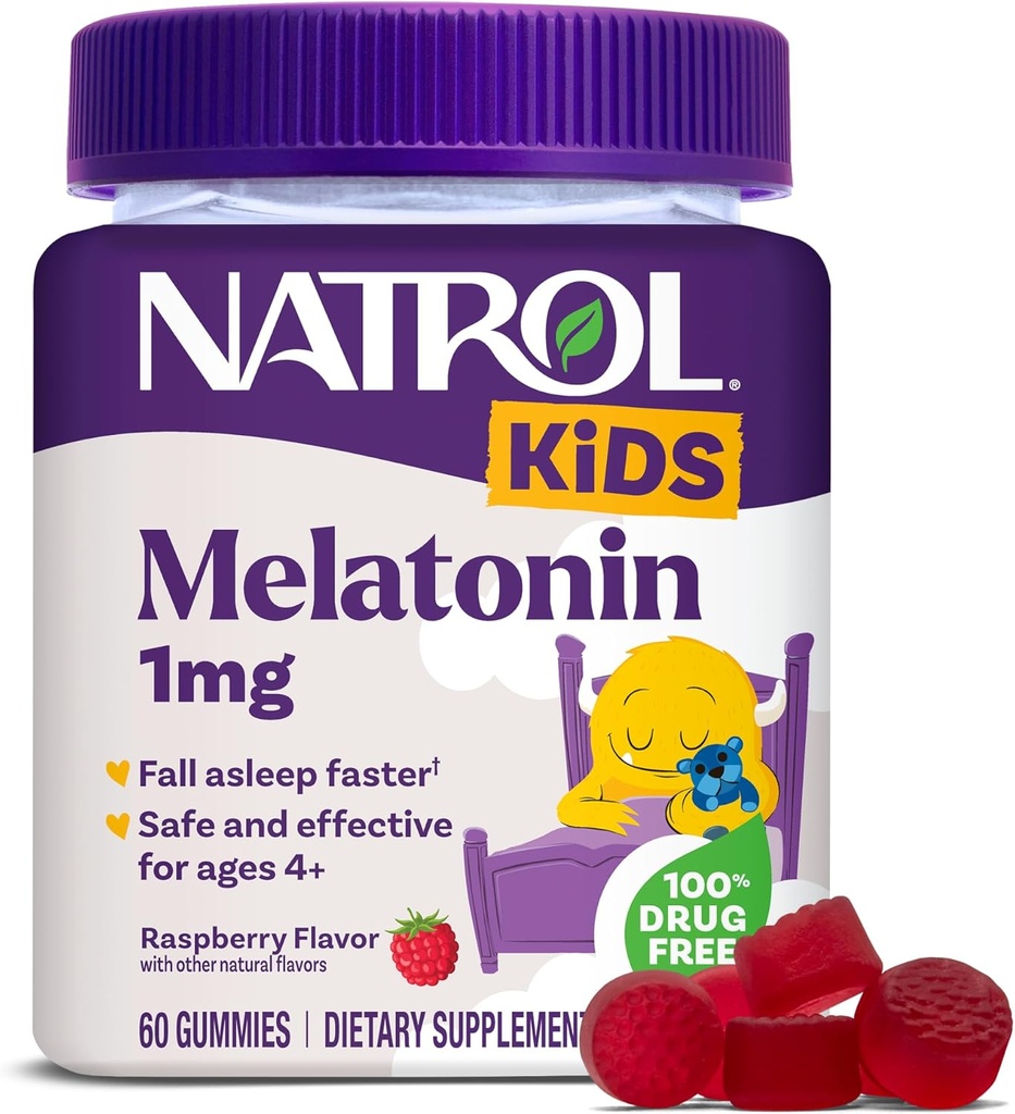 Natrol Enfants Mélatonine Gommies 1mg, Mélatonine pour les enfants pour le sommeil reposant, 60 Gommies de sommeil aromatisées aux framboises, 60 jours d'approvisionnement
