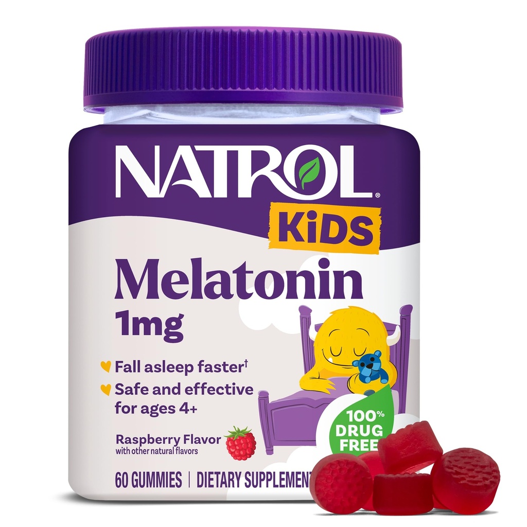 Natrol Enfants Mélatonine Gommies 1mg, Mélatonine pour les enfants pour le sommeil reposant, 60 Gommies de sommeil aromatisées aux framboises, 60 jours d'approvisionnement