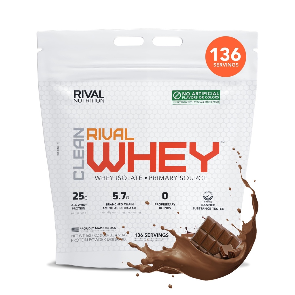RIVAL NUTRITION Clean Rival Whey Pure Chocolate Protein Powder I Whey Isolate Primary Source I 10.04 Lb, 136 Servings I No Artificial Flavors or Colors I 25g Protein Per Scoop | Muscle Recovery