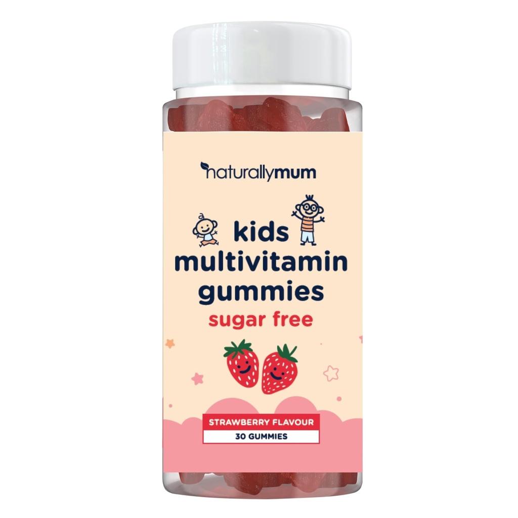 NaturallyMum Kids Multivitamin Gummies | for Children | Vegan Friendly | 30 Chewable Gummies | with Vitamins A, D, E, B6, B12, C | Sugar Free | Strawberry Flavour | 30-Day Supply