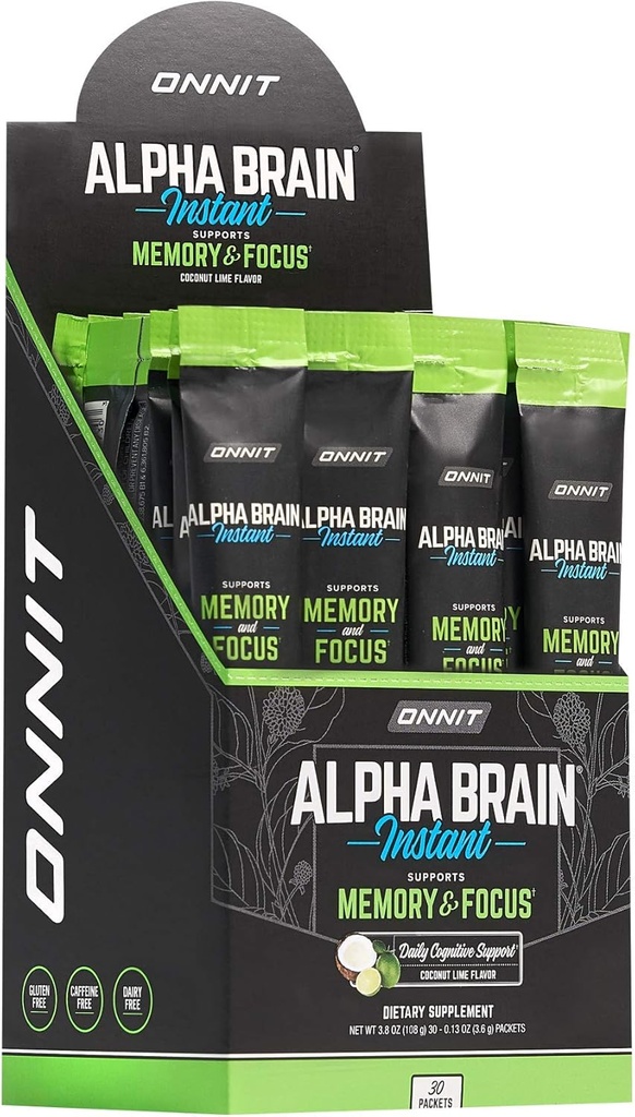 ONNIT Alpha Brain Instant - Coconut Lime Flavor - Nootropic Brain Booster Memory Supplement - Brain Support for Focus, Energy & Clarity - Alpha GPC Choline, Cats Claw, L-Theanine, Bacopa - 30ct