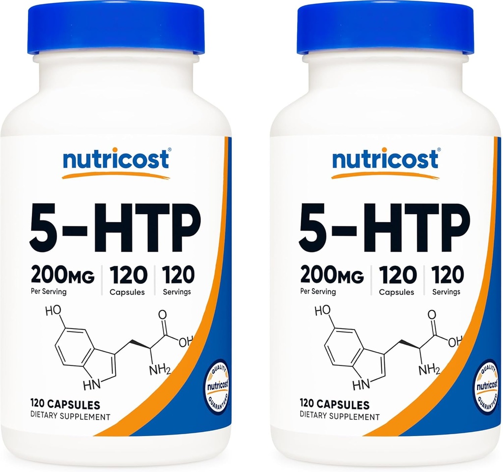 Nutricost 5-HTP 200mg, 120 Capsules végétariennes (5-Hydroxytryptophane) - Sans OGM et sans gluten (2 bouteilles)