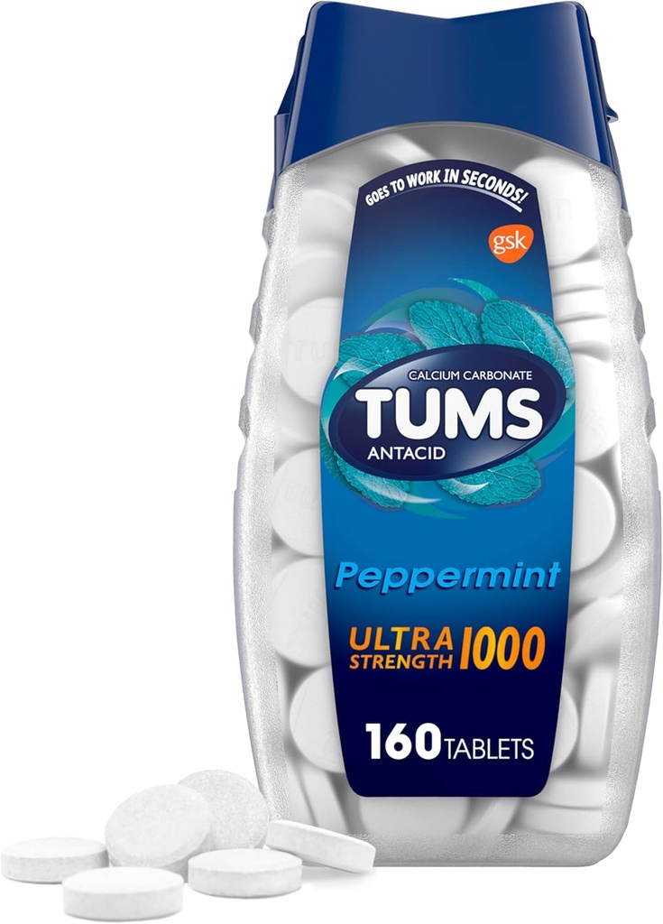 TUMS Comprimés antiacides chirurgicaux ultra-forts pour le soulagement des brûlures d'estomac, menthe poivrée - 160 Compte